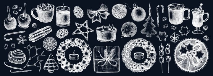 Christmas decoration - wreaths, gifts, sweets, Christmas tree decor, hot drinks and spices sketches. Vintage design elements for winter holyday on chalkboard. New Year greeting card or invitation.